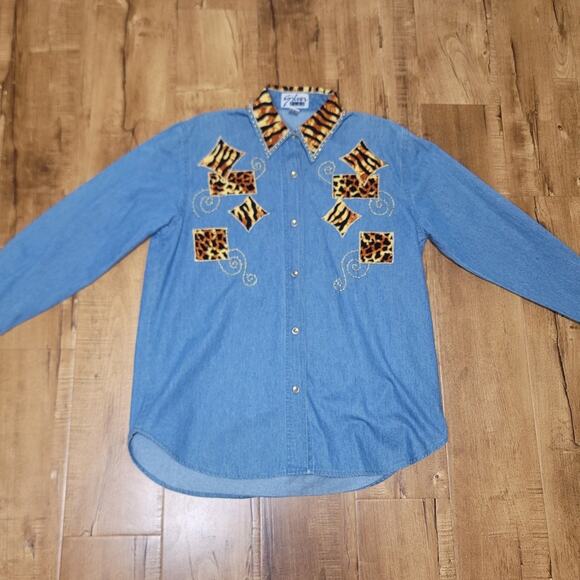 Vtg Silver Plus Upcycled Denim Button-down Shirt - Picture 2 of 5